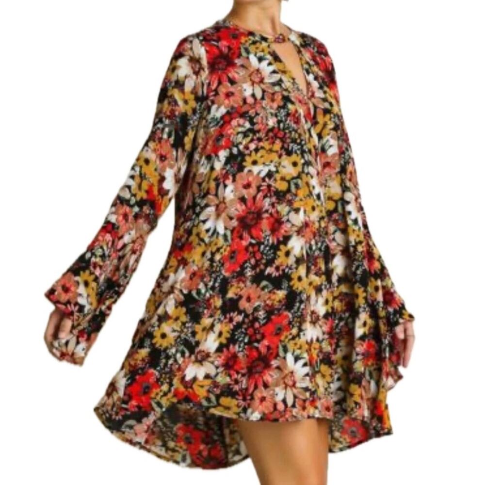 Umgee Boho Navy Floral Print Bell Sleeve Button Neck Flowy Mini Dress